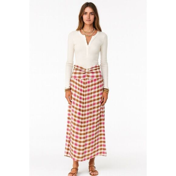 Free People Diana Convertible Dress Skirt M Pink Brown Check Gingham Cottagecore - Picture 2 of 13